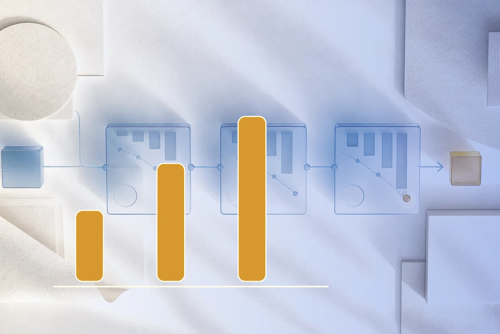 Três cartões de medição mostrando a evolução de um processo azul até um indicador dourado